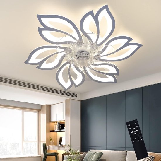 Ventilateur de plafond plat avec éclairage LED en forme de fleur, blanc avec bords gris, avec télécommande.
