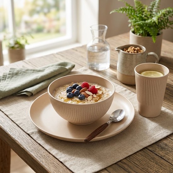 Beige camping servies dames en heren 3 delige servies set met bord kom en beker lichtgewicht PP tafelgerei voor kamperen picknick outdoor reizen en dagelijks gebruik — afbeelding 2