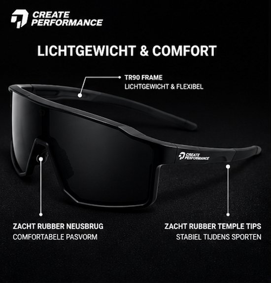 CREATE PERFORMANCE Sportbril - Gepolariseerde Sport Zonnebril UV400 - Fietsbril voor Wielrennen - Hardlopen - Outdoor - TR90 Lichtgewicht - Zwart Lens van create — afbeelding 4