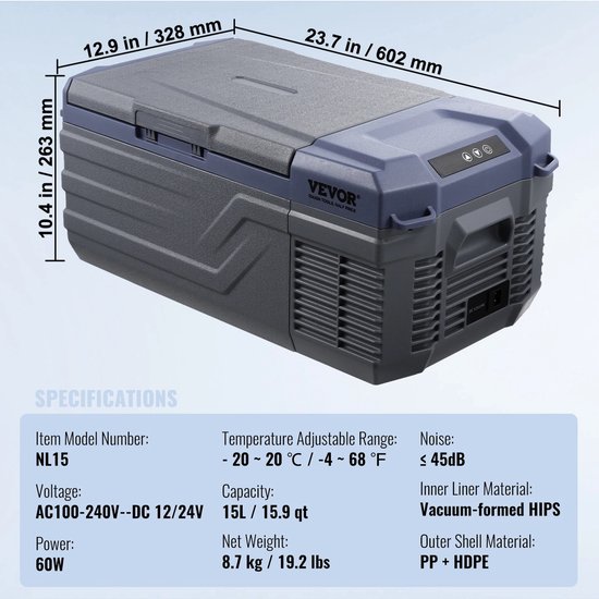 Velori Compressor Koelbox 12 Liter 12V/230V - Autokoelkast - Draagbare Camping Koelkast - Elektrische Frigobox - Bluetooth App - tot -20°C - Camper Boot Auto — afbeelding 2