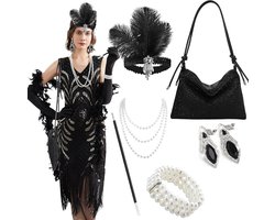 Set van 7 Zwarte Accessoires voor Vrouwen in Great Gatsby Stijl - Flapper Handtas en 1920s Charleston Kostuum voor Carnaval, Prom, Halloween en Feestjes