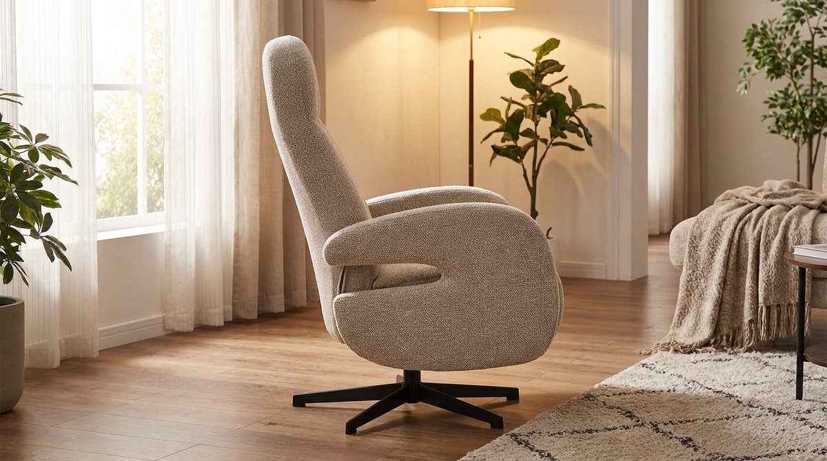 Relaxfauteuil Esbjerg Luxe Draaibare Relaxstoel met Voetsteun en Hoofdsteun 68x84x114 cm – Naturel Royal Bouclé – 360° Verstelbare Fauteuil Zwart Metaal – House&Garden