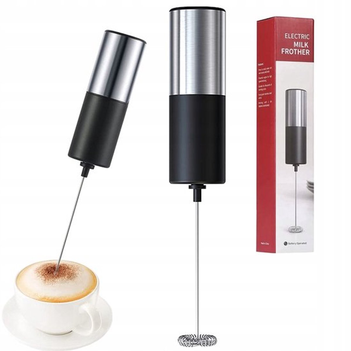 1 pcs Elektrische Melkopschuimer - Melk Opschuimer Handmatig - Koffie Mini Mixer - Draadloos op Batterijen - Zonder Stekker - Handig op de Camping - RVS