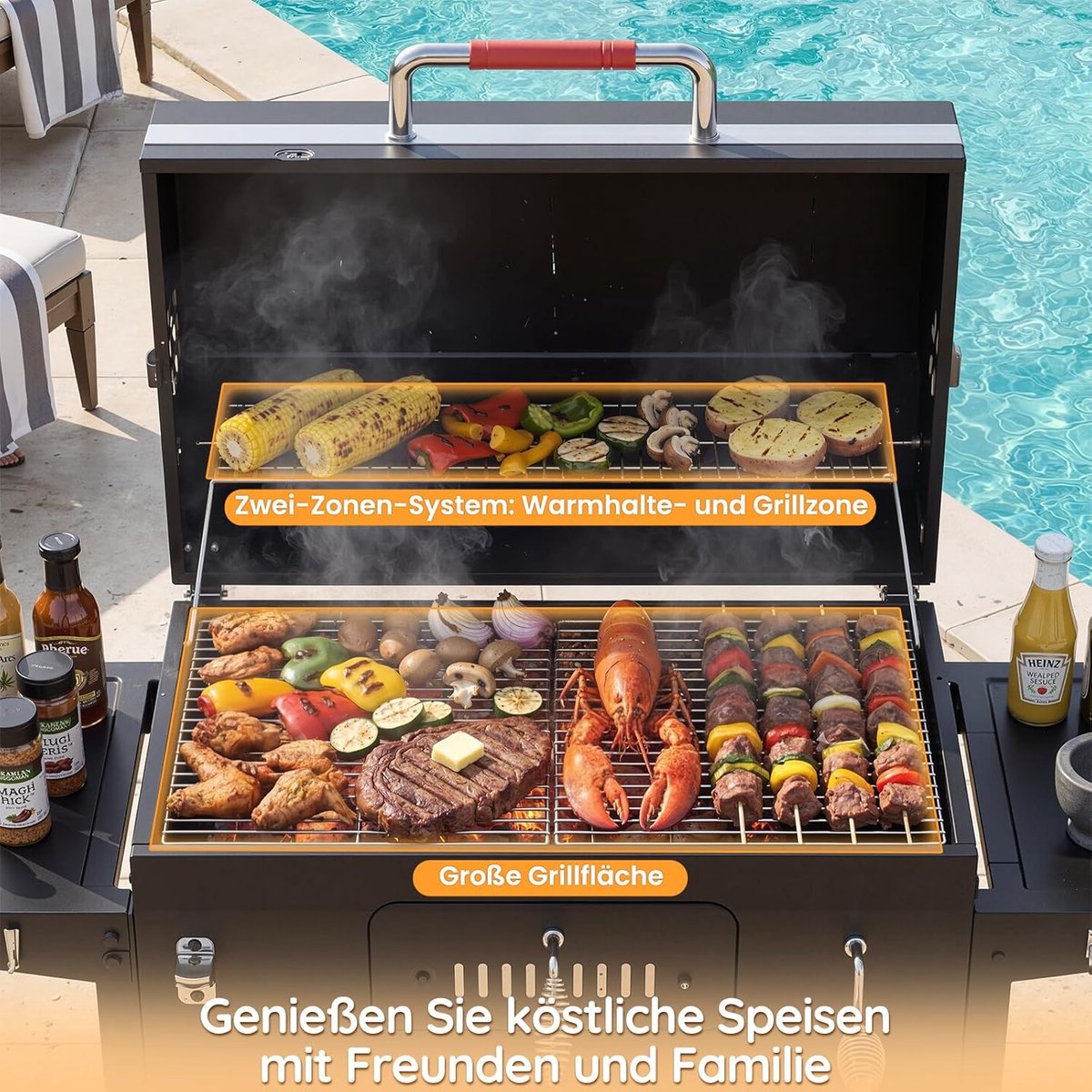 Houtskoolbarbecue XXL Smoker Grillwagen - House&Garden Luxe BBQ Smoker met Deksel, Thermometer & Gietijzeren Grillrooster - Grote RVS Houtskoolgrill voor Tuin, Camping & Buitenkeuken - Zilver