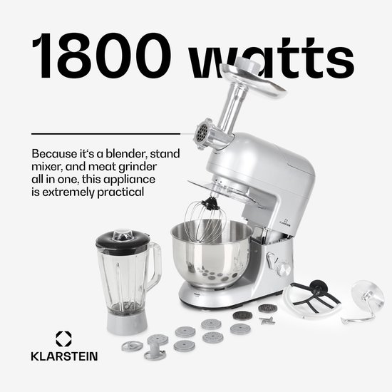 Klarstein Blender Knetmaschine keukenmachine met Fleischwolf, 2000W Teigmaschine klein, 6 standen, Schneebesen - & Knethaken, planetair , roermachine met Mixer, keukenmachines met 5L kom - 1800W 5,2L - voor Keuken - RVS - Standmixer van Klarstein — afbeelding 2