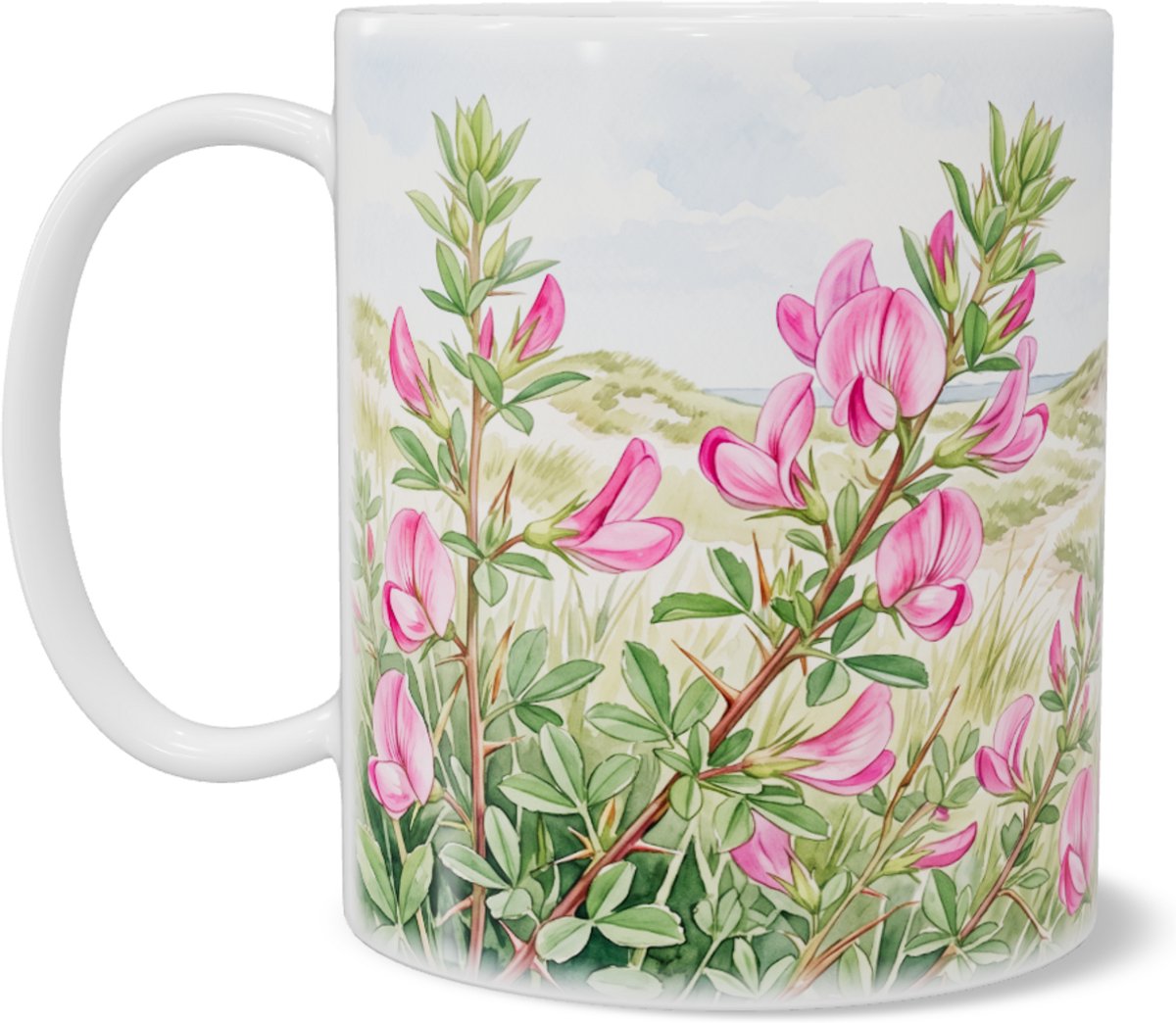Mok Aquarel Series Roze Kattendoorn Duinlandschap Kust Natuur Bloem
