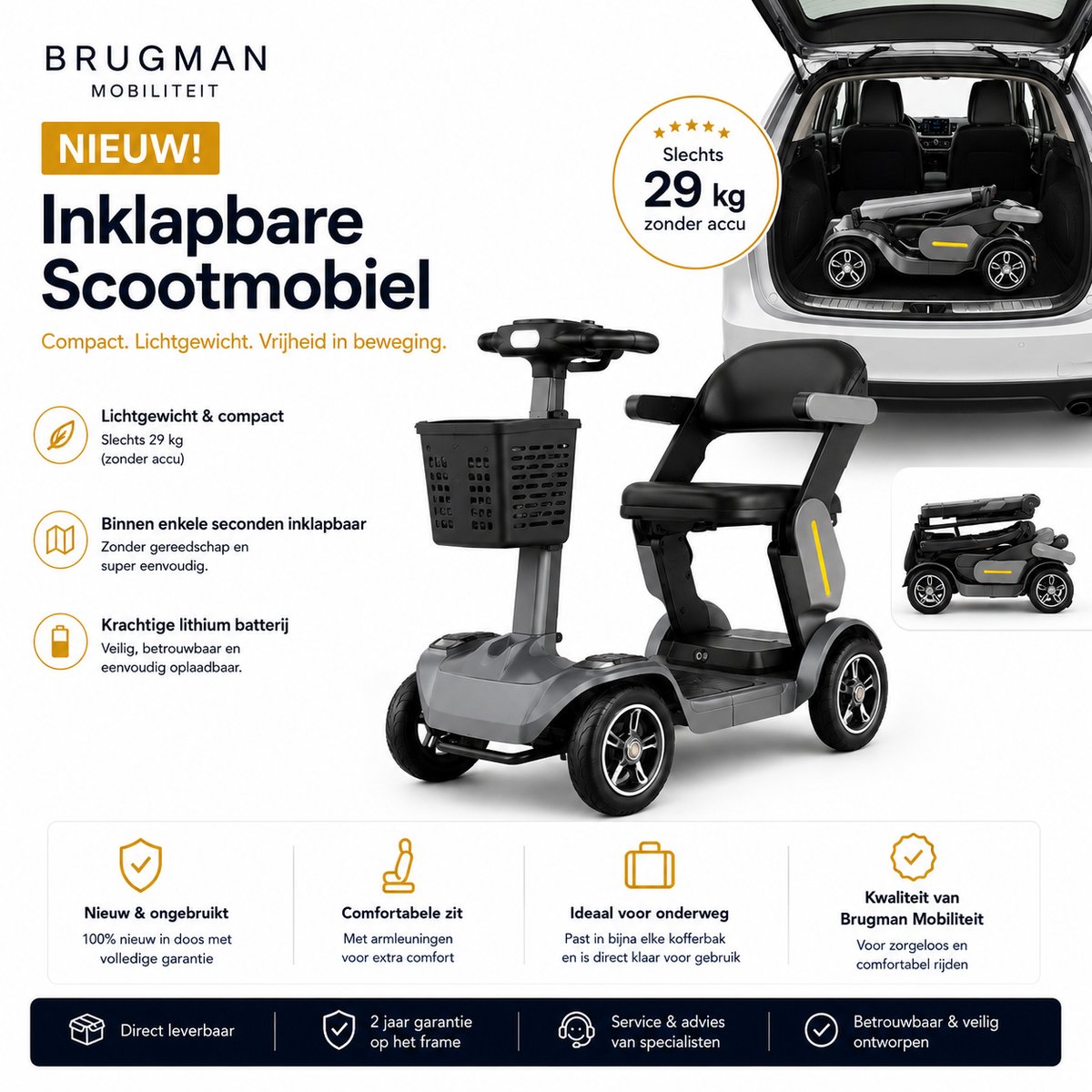 Brugman Mobiliteit MoveX – Inklapbare Scootmobiel – Lichtgewicht – Lithium Accu – Grijs