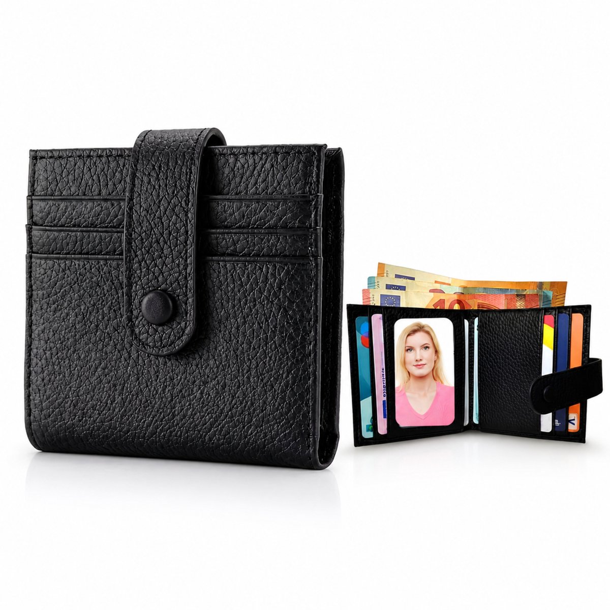 Luxamore® Dames Portemonnee Leer Zwart – RFID Creditcardhouder – Compact en Ultradun – 9 Pasjes – Muntvak met Rits