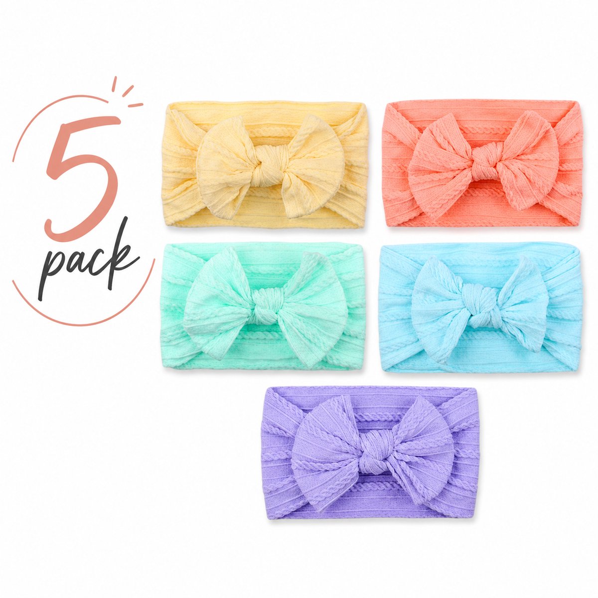 Haar in Stijl® Haarband Heidi 5 pack Zomerpack - Brede en zachte baby haarband met een strik zalm lichtroze lichtgroen lichtblauw lichtpaars pastel - meisjes haaraccessoire knoopje geribbelde design cadeauset