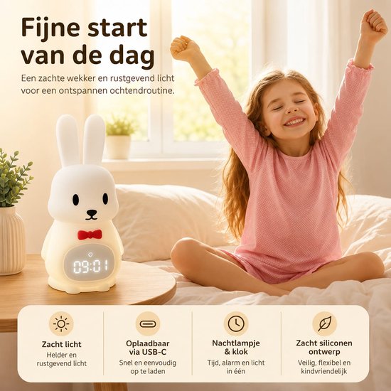 Goldenberry® Konijn Kinderwekker & Nachtlampje - Dimbaar Licht - USB-C Oplaadbaar - Zachte Slaaphulp voor Kinderen & Peuters - Slaaptrainer van Merkloos — afbeelding 4