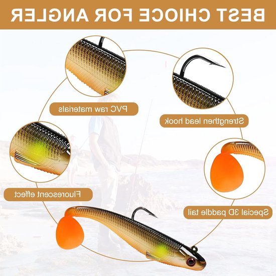 Set van 5 zachte vislures voor zeevisserij, ideaal voor karper, snoek en forel, met jigkop en T-staart, perfect voor zoet- en zoutwater vissen (9cm/12.3g) — afbeelding 2