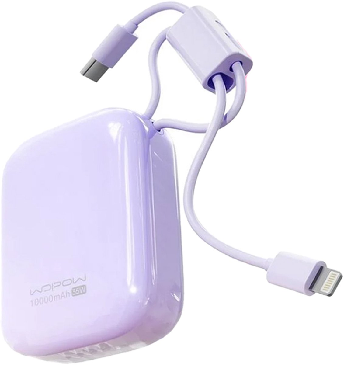 Wopow Powerbank met ingebouwde USB-C & Lightning kabels + USB-A & USB-C poorten, SQ79, 10.000mah, 35W, Paars, 6933185738304