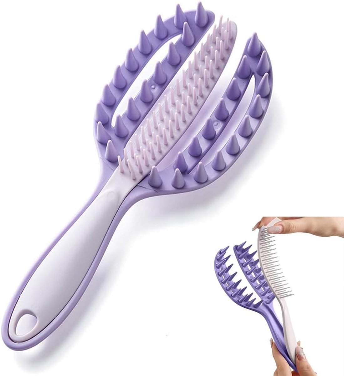 2-in-1 shampoo-massageborstel - Zelfreinigend ontwerp - gebogen voor optimale ventilatie - Zachte rubberen borstelharen verminderen effectief de overmatige talgproductie op de hoofdhuid - Lengte 20.4 cm