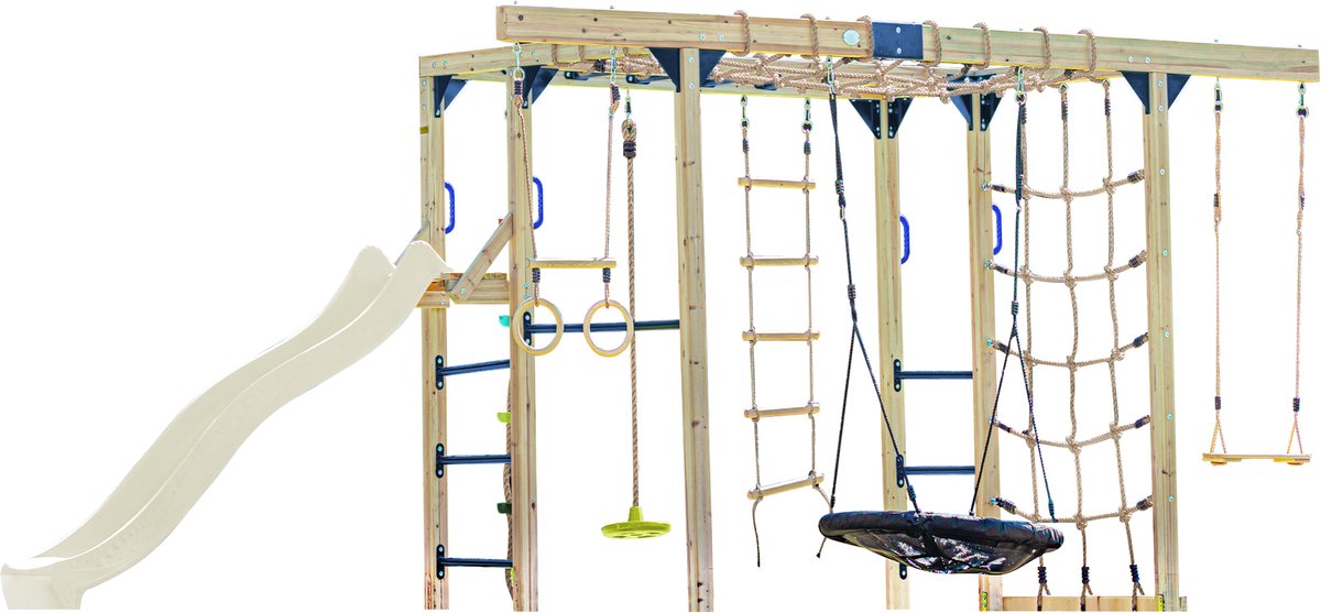AXI Boris Klimtoestel Bruin met Schommels en Trapeze – Crème Glijbaan – Monkey Bars en Klimnetten – Duikelstang – Diverse Ladders