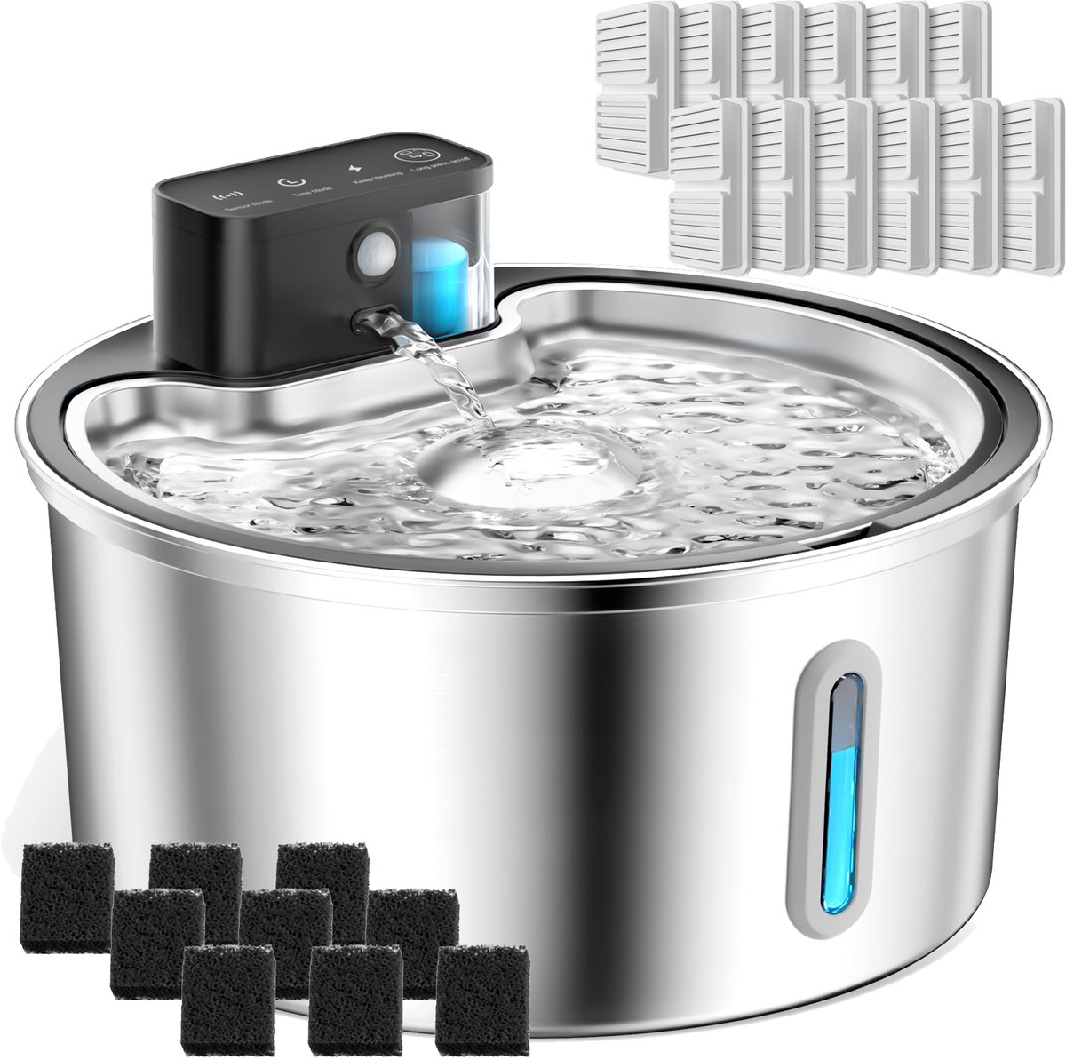 PAWPOLL Drinkfontein Kat - 3.2L - Draadloze met Sensor - Waterfontein met Venster - Waterautomaat - voor Kat of Hond - Inclusief 12 Filter en 9 Sponzen -Fluisterstil - Kattenfontein - Zilver