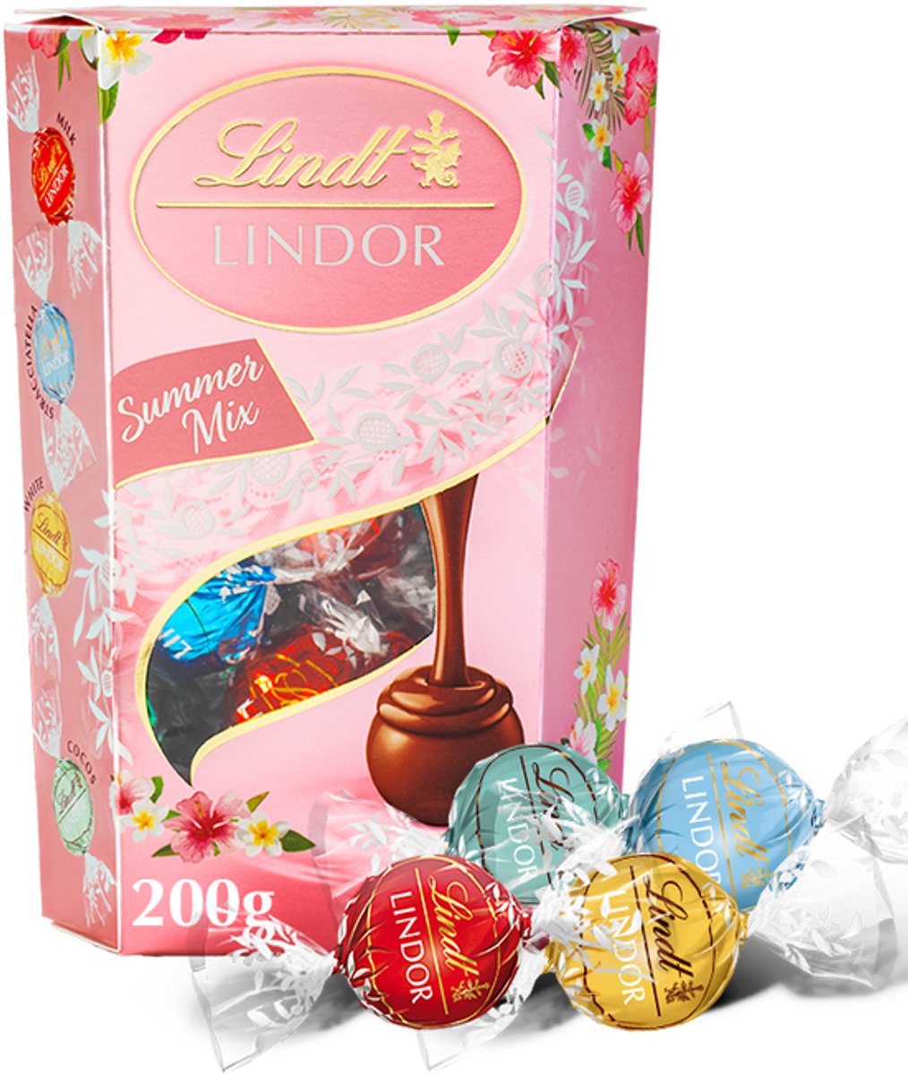 Lindt LINDOR Zomermix chocolade bonbons 200g - 16 zacht smeltende chocolade bonbons - Mix van 4 smaken - Kerstcadeau