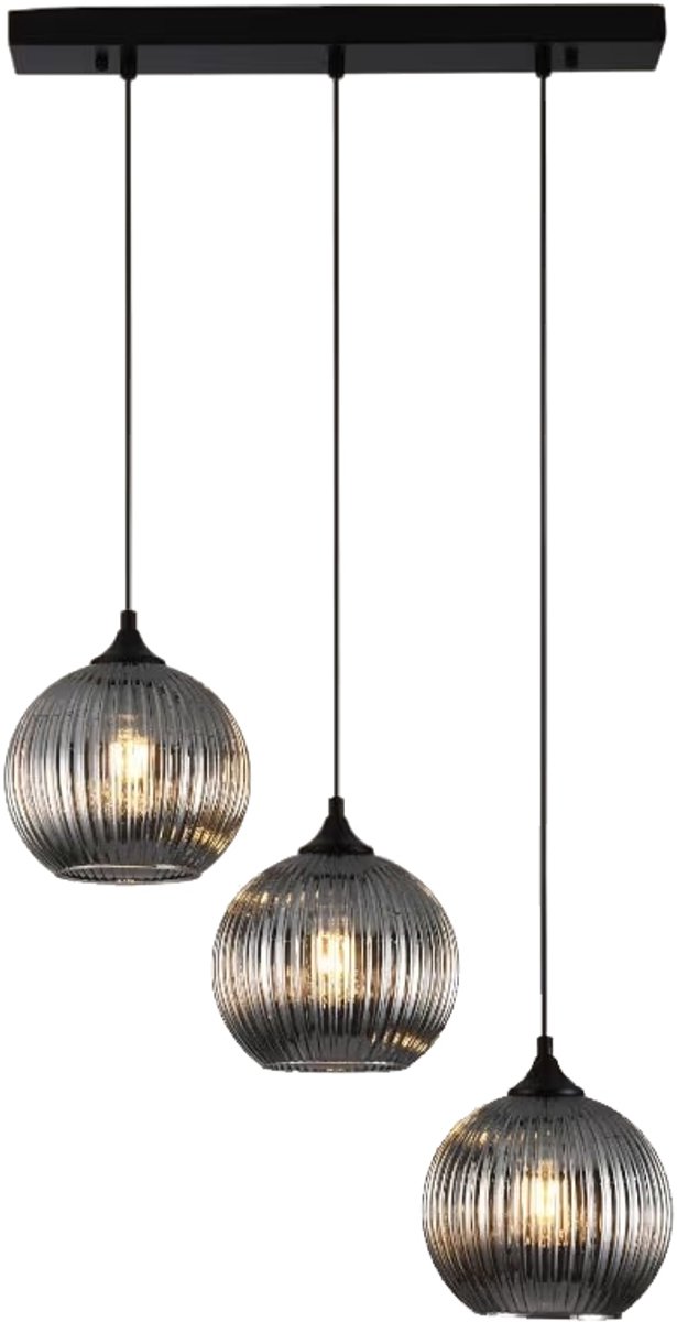 Lusenz- Hanglamp eettafel - 3 lichts Smoke glas - Geribbeld glas - Zwart - Hoogte verstelbaar - Voor eetkamer, slaapkamer, woonkamer, gang - Moderne hanglamp - E27 Fitting