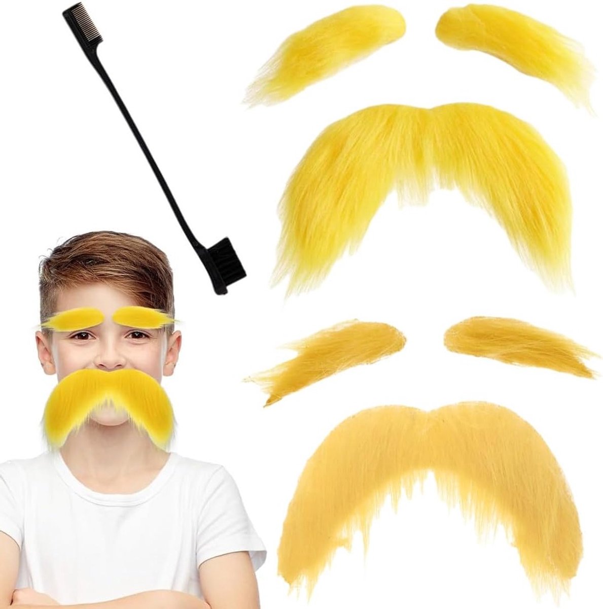 Sets van Nep Snorren en Gele Wenkbrauwen Zelfklevende Stickers voor Cosplay Kostuums en Feestjes voor Mannen en Vrouwen met Borstels en Accessoires