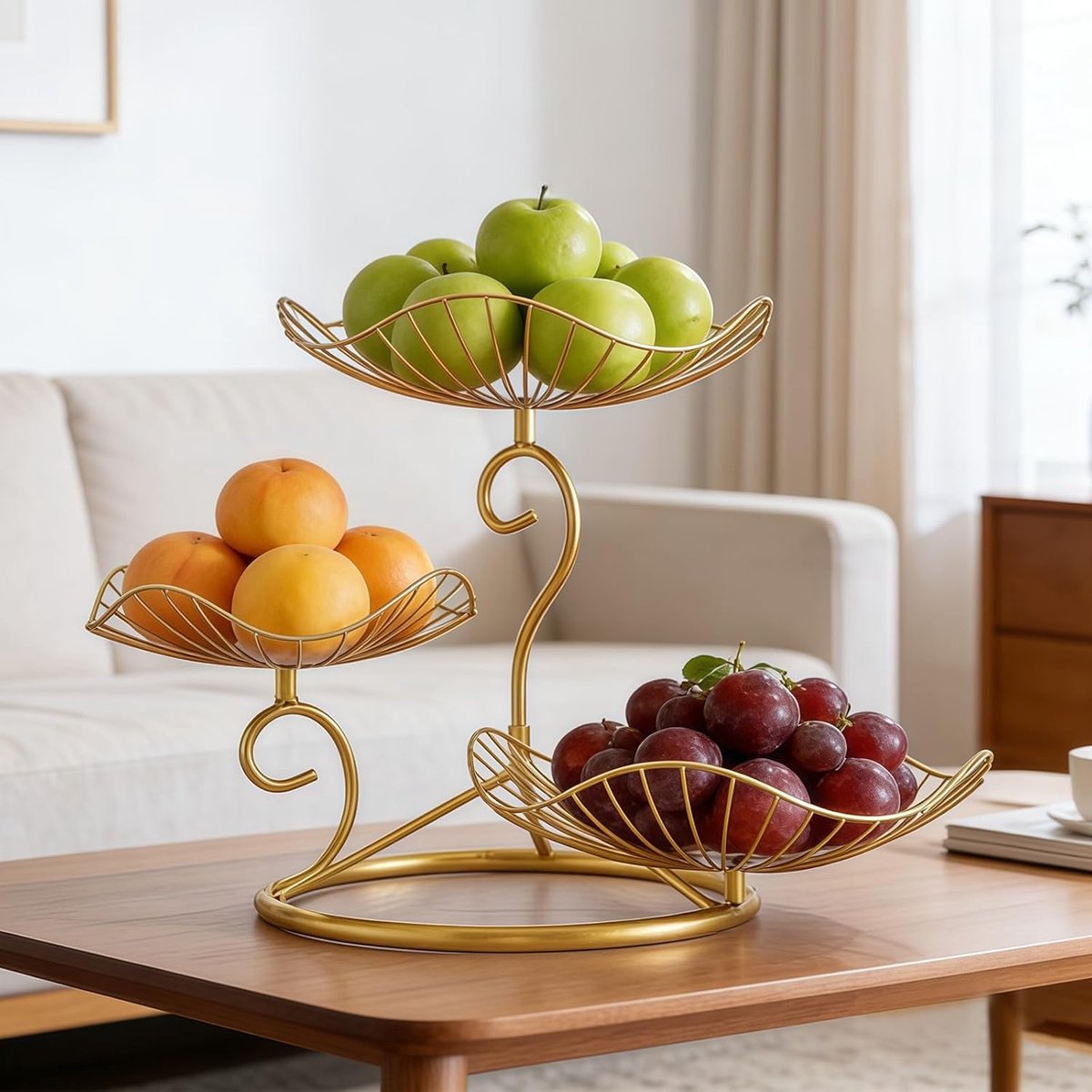 JeiibrZui 3-Tier Fruit Basket - 25 Cm - 3 Levels Storage - Gold - Solid Iron Kitchen Organiser For Fruits Vegetables Bread And Snacks - Modern Metal Etagere With Breathable Wire Design For Countertop