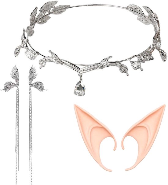 Set van 3 Kristallen Elf Hoofdstukken, Grote Elf Oren voor Volwassenen, Zilveren Engel Vleugel Oorbellen, Feeën Kroon Tiara voor Cosplay en Halloween Kostuum