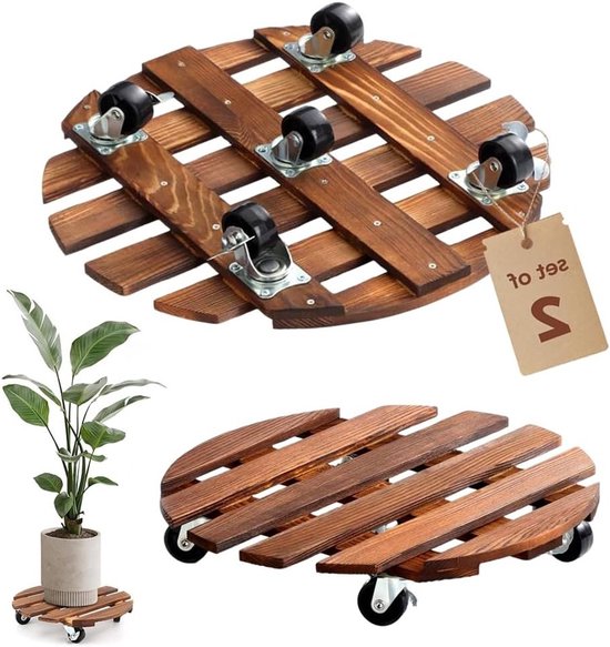 Set van 2 Houten Ronde Plantrollers met Lockable Wielen voor Stabiliteit en Gemakkelijk Verplaatsen van Zware Bloempotten en Planten, Diameter 30 cm, Tot 100 kg Belastbaar