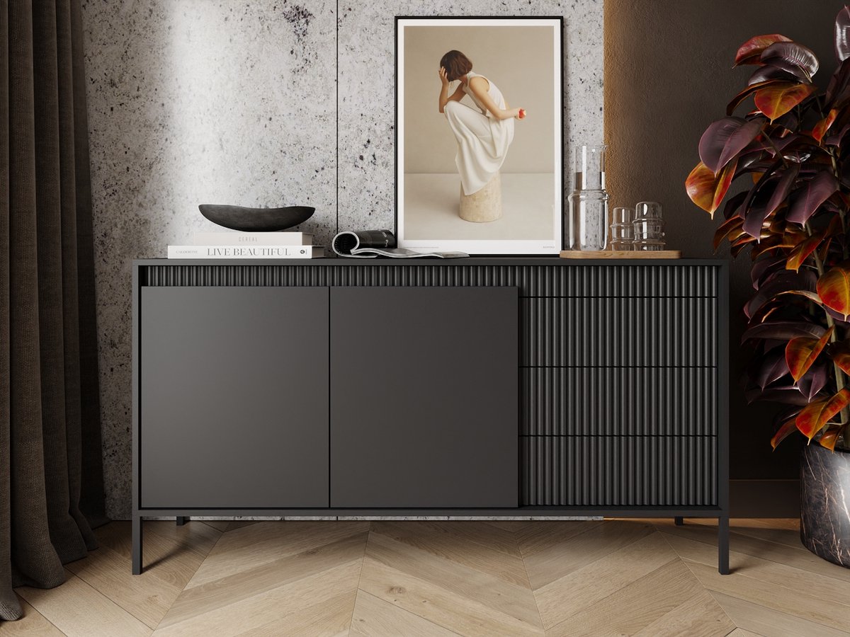GrainGold – Dressoir Sorano – Mat zwart - Met Deuren en Lades - Moderne Opbergruimte - 153 cm