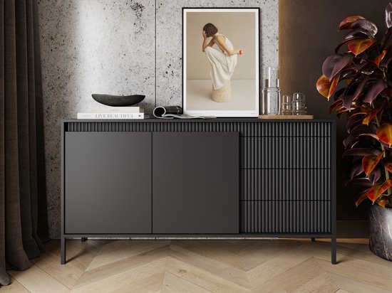 GrainGold – Dressoir Sorano – Mat zwart - Met Deuren en Lades - Moderne Opbergruimte - 153 cm