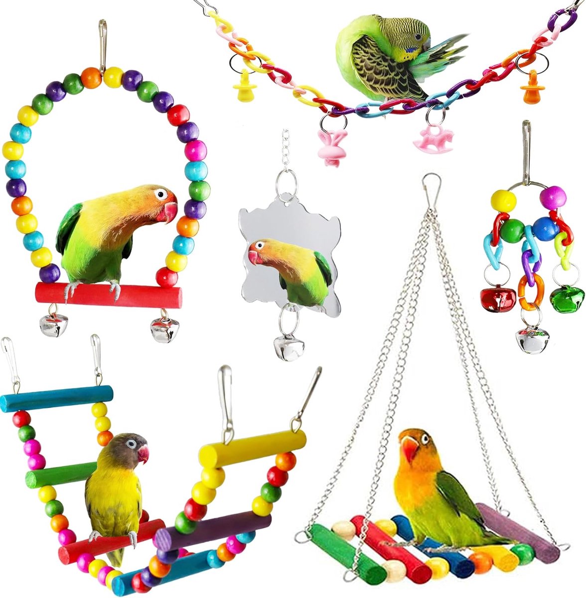 7 stuks - Vogelladders - Vogelkooi Vogel Speelgoed Set - Papegaai Speelset - Vogelschommel - Ladder - Bal met bel - Parkieten Speelgoed - Houten Schommel, Klimladder en Zitstok Accessoires voor Parkiet, Valkparkiet en Lovebirds