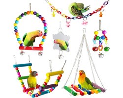 7 stuks - Vogelladders - Vogelkooi Vogel Speelgoed Set - Papegaai Speelset - Vogelschommel - Ladder - Bal met bel - Parkieten Speelgoed - Houten Schommel, Klimladder en Zitstok Accessoires voor Parkiet, Valkparkiet en Lovebirds