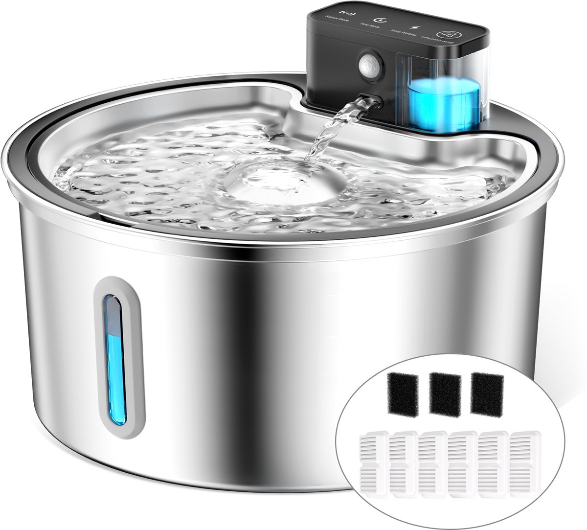 PAWPOLL Drinkfontein Kat - 3.2 L - Draadloze met Sensor - RVS - Waterfontein met Sensor - Zilver - incl 6 Filter en 3 Sponzen
