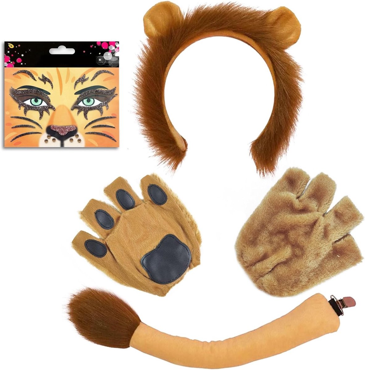Leeuwenkostuum Accessoires Set voor Kinderen en Volwassenen - Oren, Hoofdband, Handschoenen, Staart en Gezichtsverf voor Cosplay, Verjaardagsfeest, Toneel en Halloween