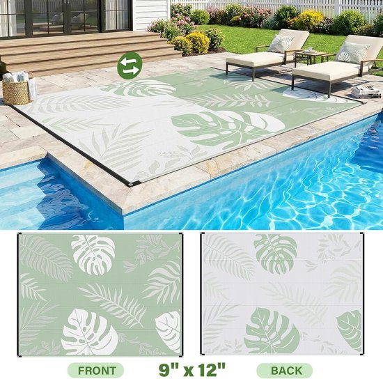 GOTGELIF Buitentapijt 270x370 cm - Outdoor Rug, Water- & Slijtvast, Omkeerbaar, Plastic Stro, Voor Patio, Tuin, Camping & Camper - Groen Bladeren Patroon — afbeelding 5