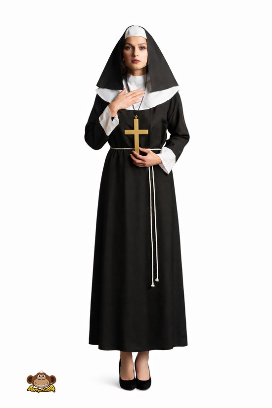 Partychimp 4-Delig Klassieke Non Tuniek/Hoofdkapje/Kruis & Touw kostuum volwassenen Verkleedkleren Vrouwen Carnavalskleding Halloween - Zwart- Polyester - Plastic - Maat 2XL/3XL