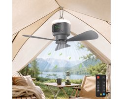 Rosnek Draagbare Campingventilator met LED Verlichting - 12000mAh Oplaadbare Tentventilator - Plafondventilator met Afstandsbediening & Timer - Plafondlampen met ventilator Ø 45cm - 4 Snelheden - Grijs