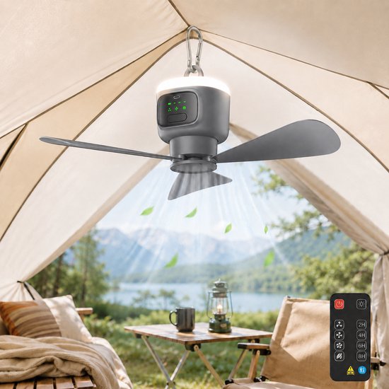 Grijze campingventilator met LED-verlichting, hangend in een tent. Met afstandsbediening.