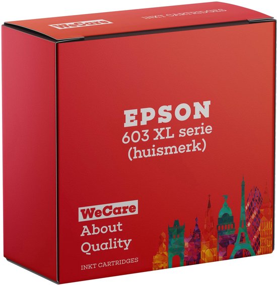 Rode verpakking van Epson 603 XL inktcartridges met stadsgezichten en "WeCare About Quality" logo.