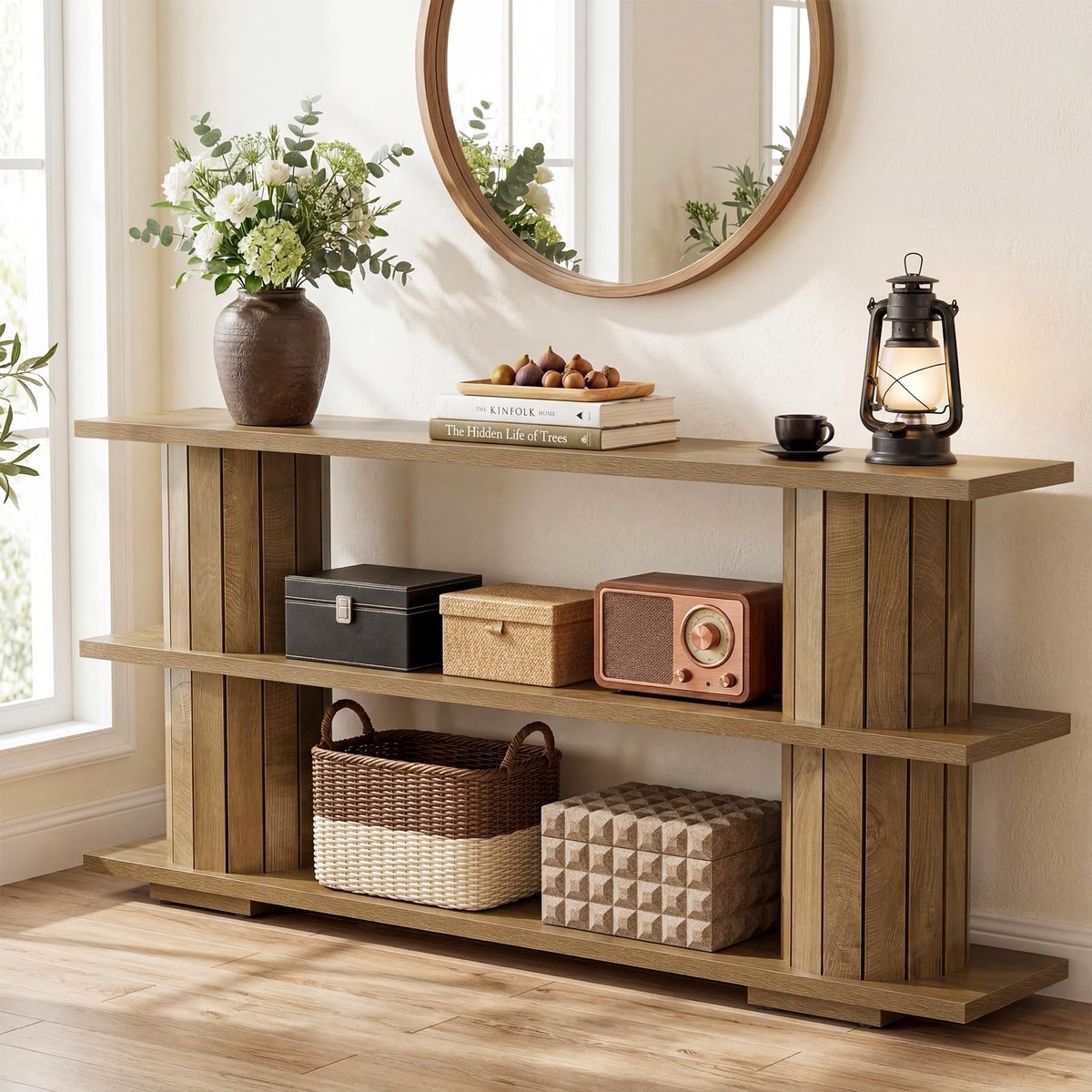 LITTLE TREE Consoletafel Met Opbergruimte - 160 x 30 x 85 cm - Lange Smalle Bijzettafel - 3‑laags schappen - Voor Woonkamer, Hal en Ingang - Lichtbruin
