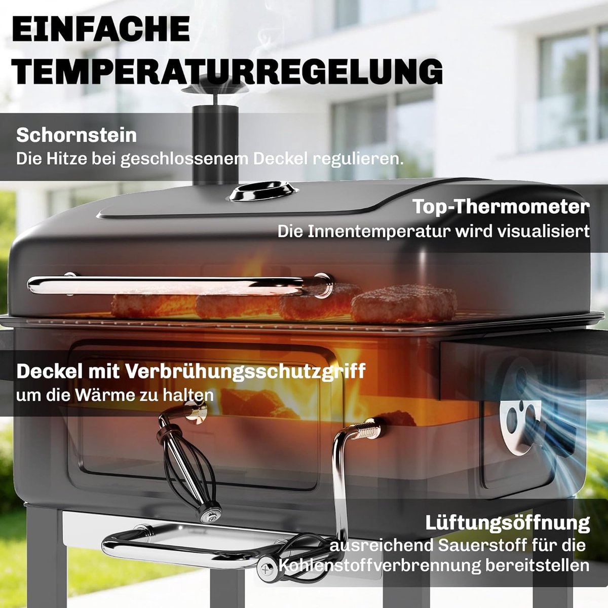 Houtskoolbarbecue Grillwagen met Deksel en Thermometer - House&Garden XXL Smoker BBQ met Verstelbare Kolenbak, Zijtafels & Warmhoudrek - Rookoven Grill met Wielen voor Tuin & Camping