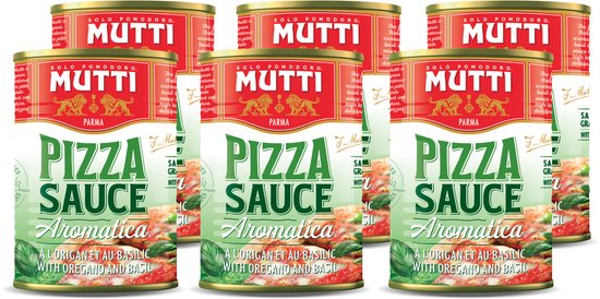 Six boîtes de sauce pizza Mutti Aromatica avec origan et basilic. Rouge avec logo doré.