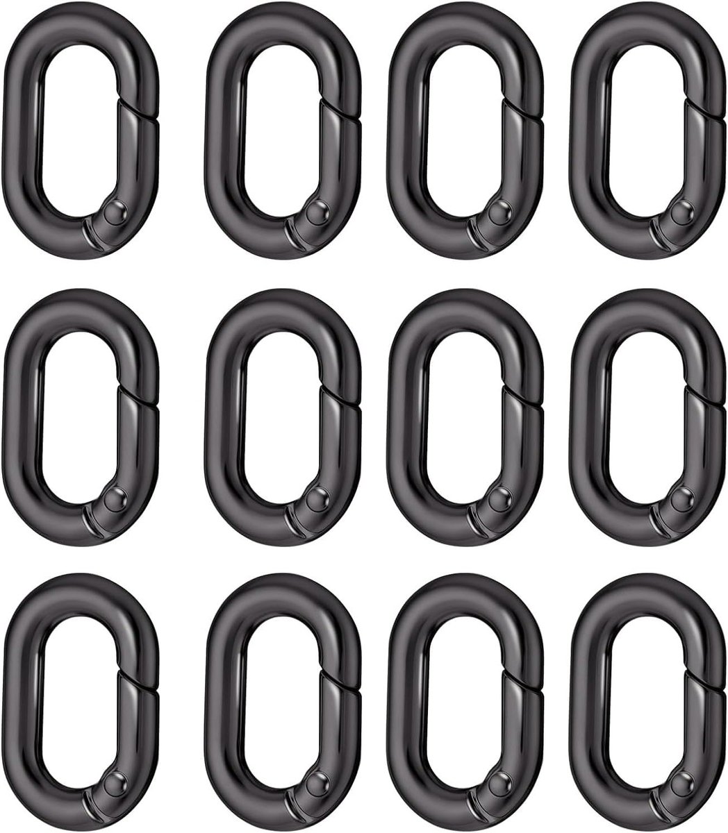 12 stuks ovale veerkarabijnhaken, kleine metalen karabijnhaken met zwarte afwerking en sleutelhanger voor tasaccessoires, kleding, reizen, rugzak, kampeeruitrusting en hardware-benodigdheden