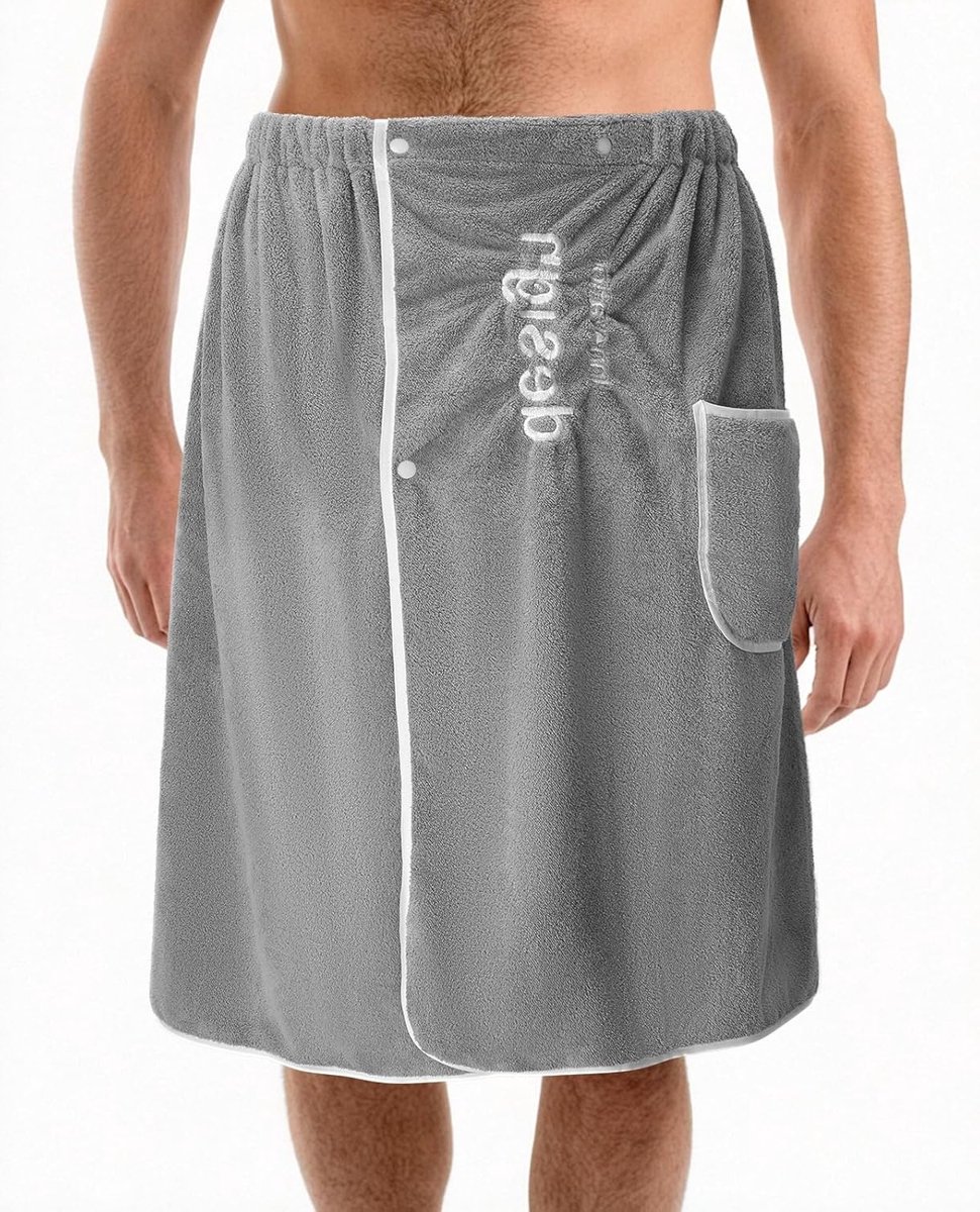SnelShoppen - Heren Sauna Handdoek Grijs Koraalvelours Sauna Kilt Sneldrogend Grote Verstelbare Sauna Handdoek voor Mannen, Zachte Badhanddoek, 65 x 1