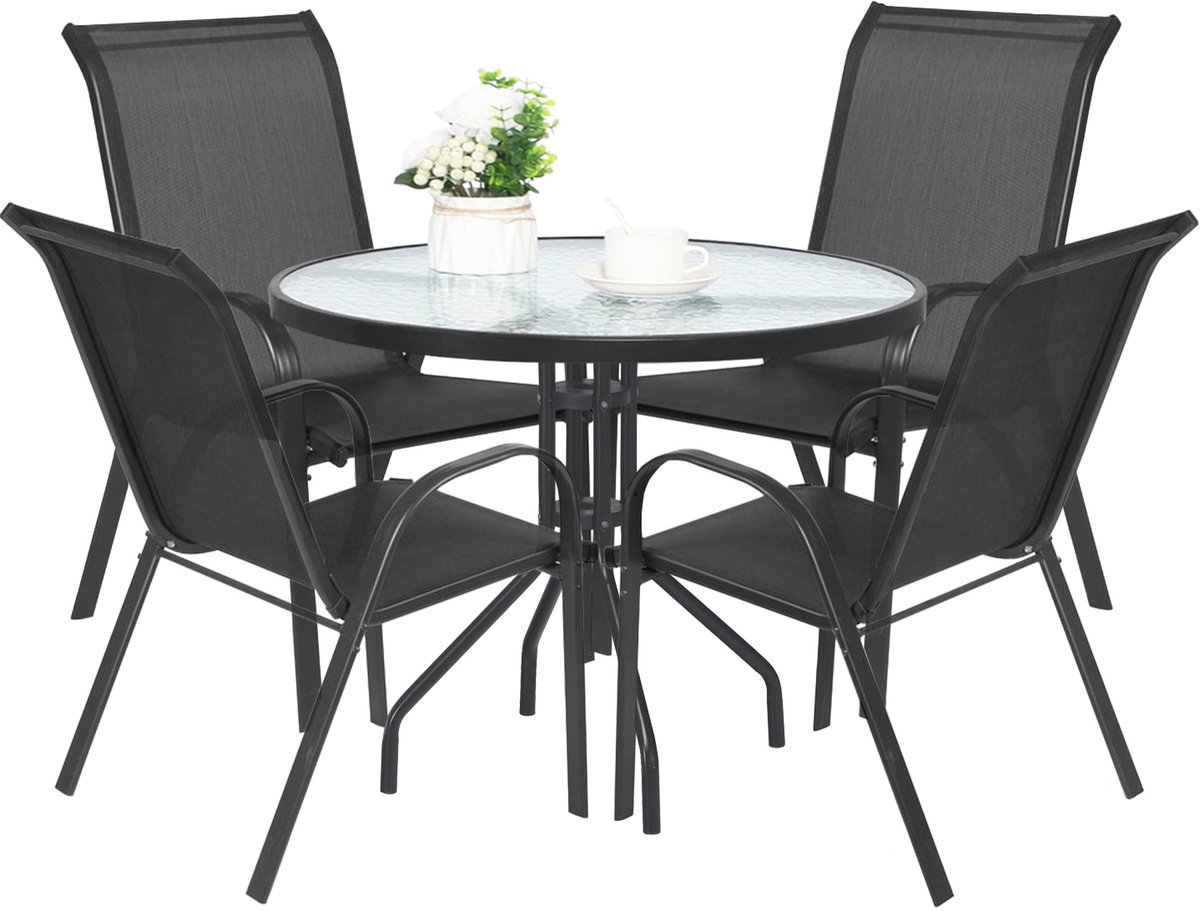 5-delige tuinset: ronde tafel Ø90 cm + 4 stoelen SOFIA – Donkergrijs/Zwart