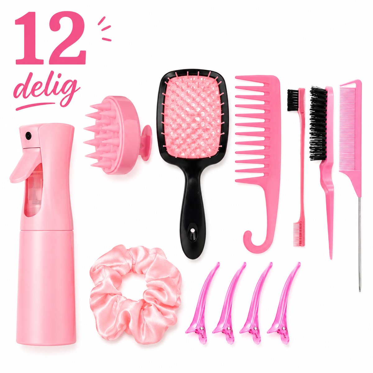 Haar in Stijl® Borstel en Kammen Set 12-delig Roze Haarverzorging
