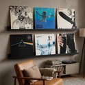 Zwarte zwevende plank met zes iconische rockplaten, waaronder The Beatles en Nirvana.