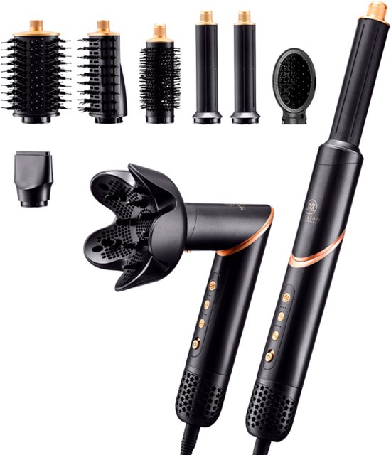 Zwarte en gouden haardroger met diverse opzetstukken: diffuser, borstels, stijlstukken en concentrator.