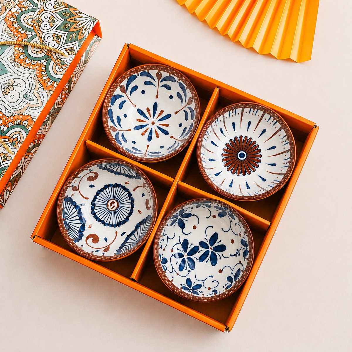 Snackschalen 4-delig – tapas schaaltjes – 225 ml – Luxe Geschenkset - Kyoto blauw/bruin