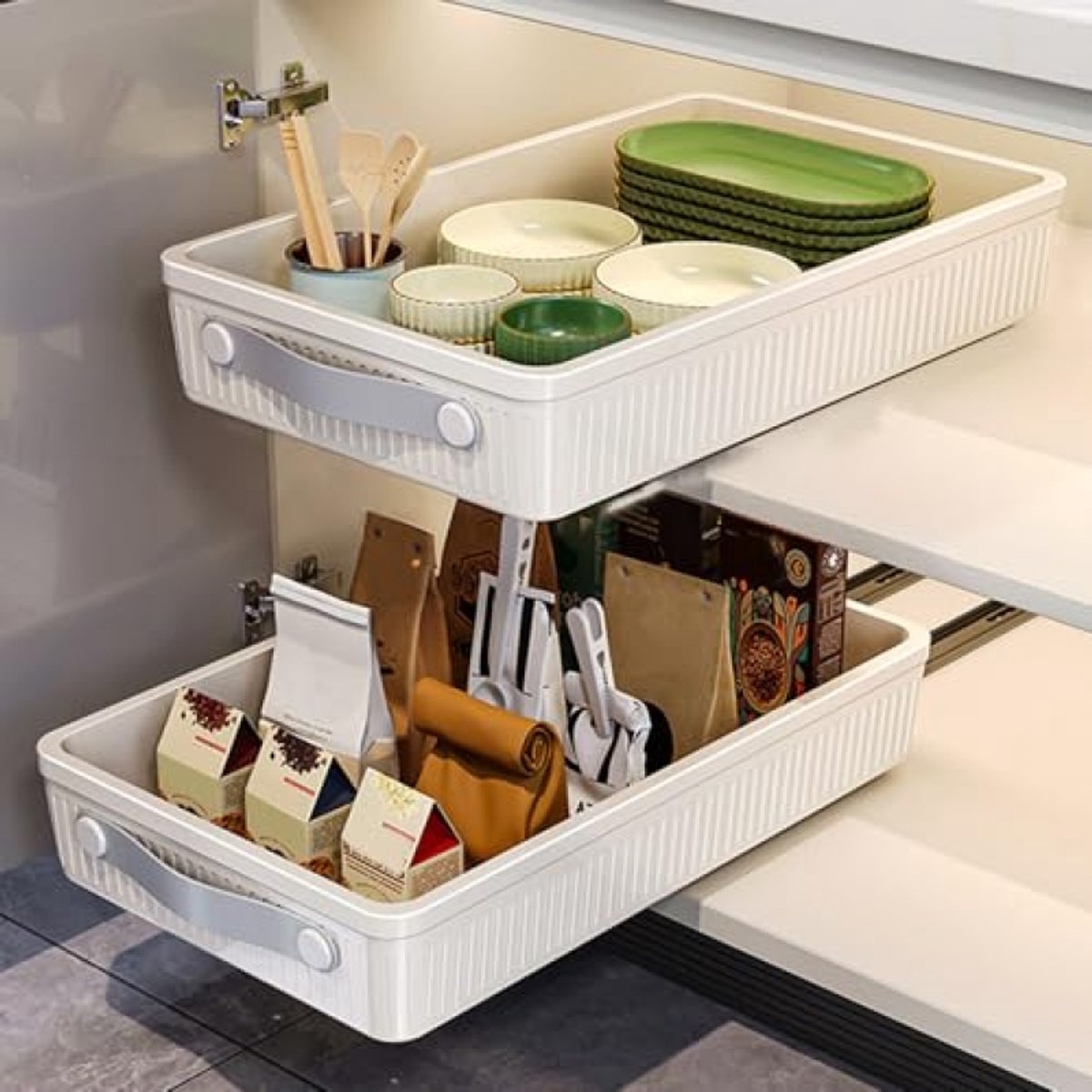 Telescopische uittrekbare lade voor keukenkast, organizer, 25x40x8.6 cm, beige