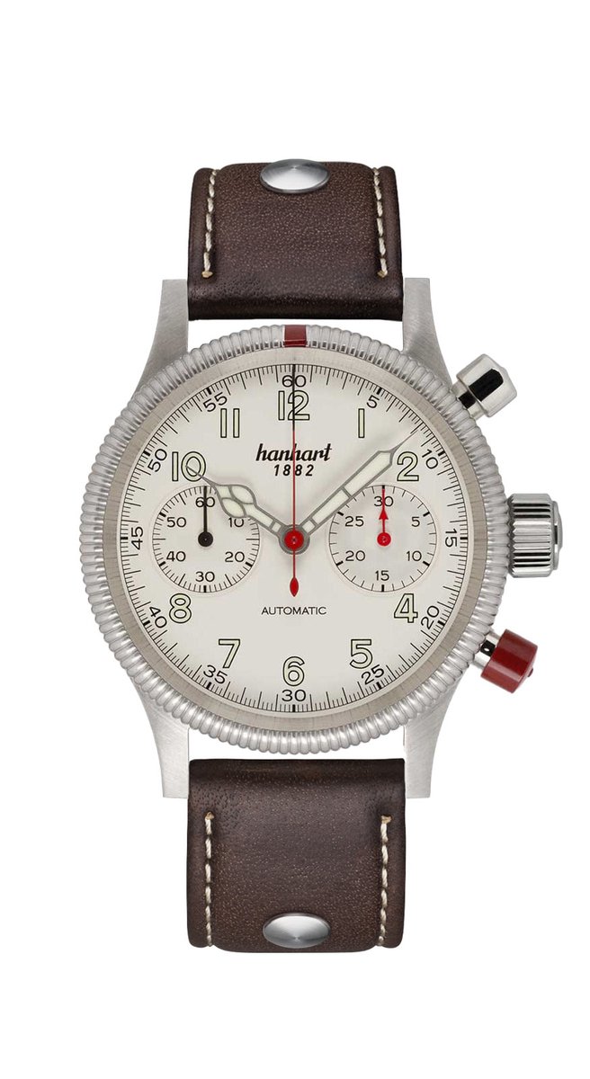 Hanhart Pioneer Mk II - Horloge Wit - donkerbruine band - 40 mm