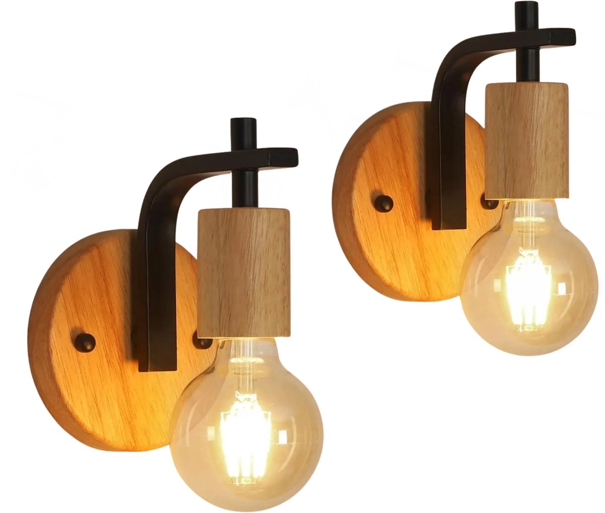 Stervia Wandlamp - Set van 2 - Wandkandelaar Voor Binnen - Muurkandelaar - E27 Fitting - Hout - Zwart - 12 x 15 x 17 cm