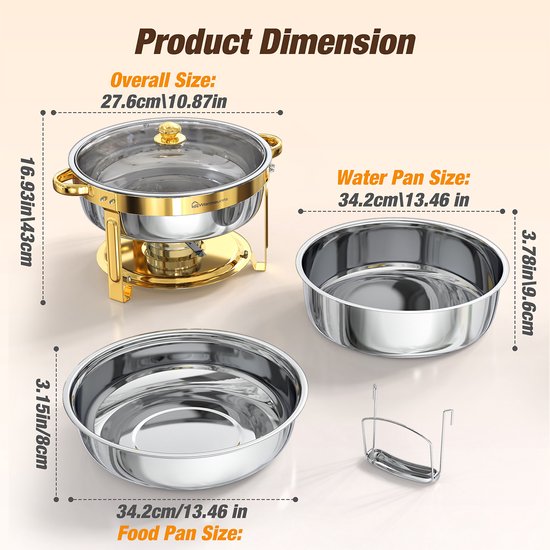 WARMOUNTS 4-delige Chafing Dish Set 6,15 L - Ronde RVS Buffet Warmhouders met Glazen Deksel voor Feest, Bruiloft & Catering - Goud — afbeelding 5